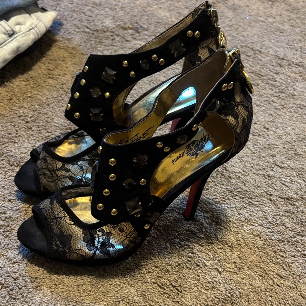 Apple Bottoms Black Lace Heels with Gold Studs